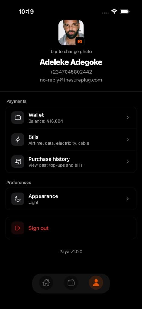Paya account settings