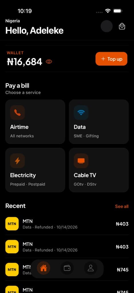 Paya app home showing wallet and bill payment options